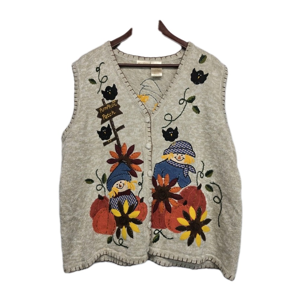 Bobbie Brooks Fall Harvest Button Vest 18W/20W Scarecrow Pumpkins Autumn 3189